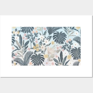 Tropical Grey Gold Foliage Floral Pattern Posters and Art